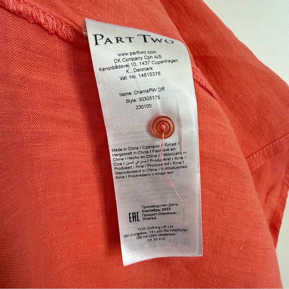 Part Two Chania Linen Dress Ruffle Sleeve Popover Cool Breezy Simple Orange M - Picture 5 of 6